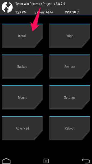 TWRPでInstallを選ぶ画面