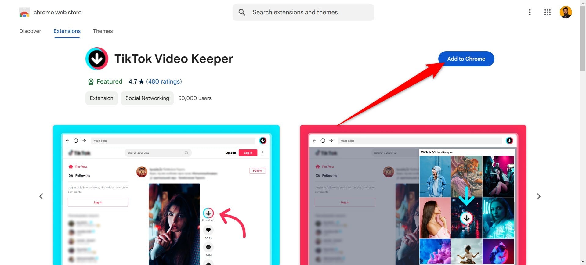 Страница расширения TikTok Video Keeper в магазине