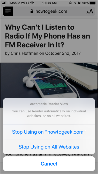 Параметры отображения статьи в Режиме чтения на iPad