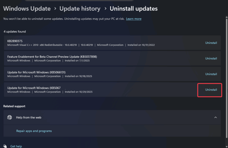Удаление обновления Windows