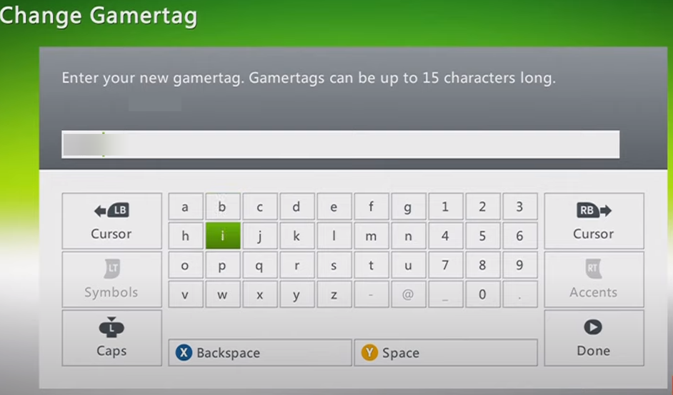 Ввод нового имени gamertag на Xbox 360