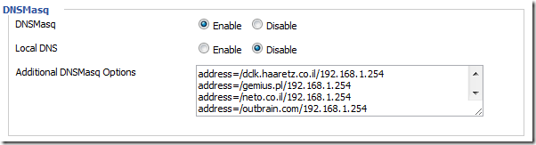 Поле Additional DNSMasq Options для добавления записей address=