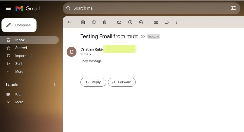 Успешная отправка тестового письма через mutt