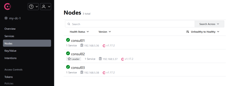Список узлов и их статусы в Consul UI