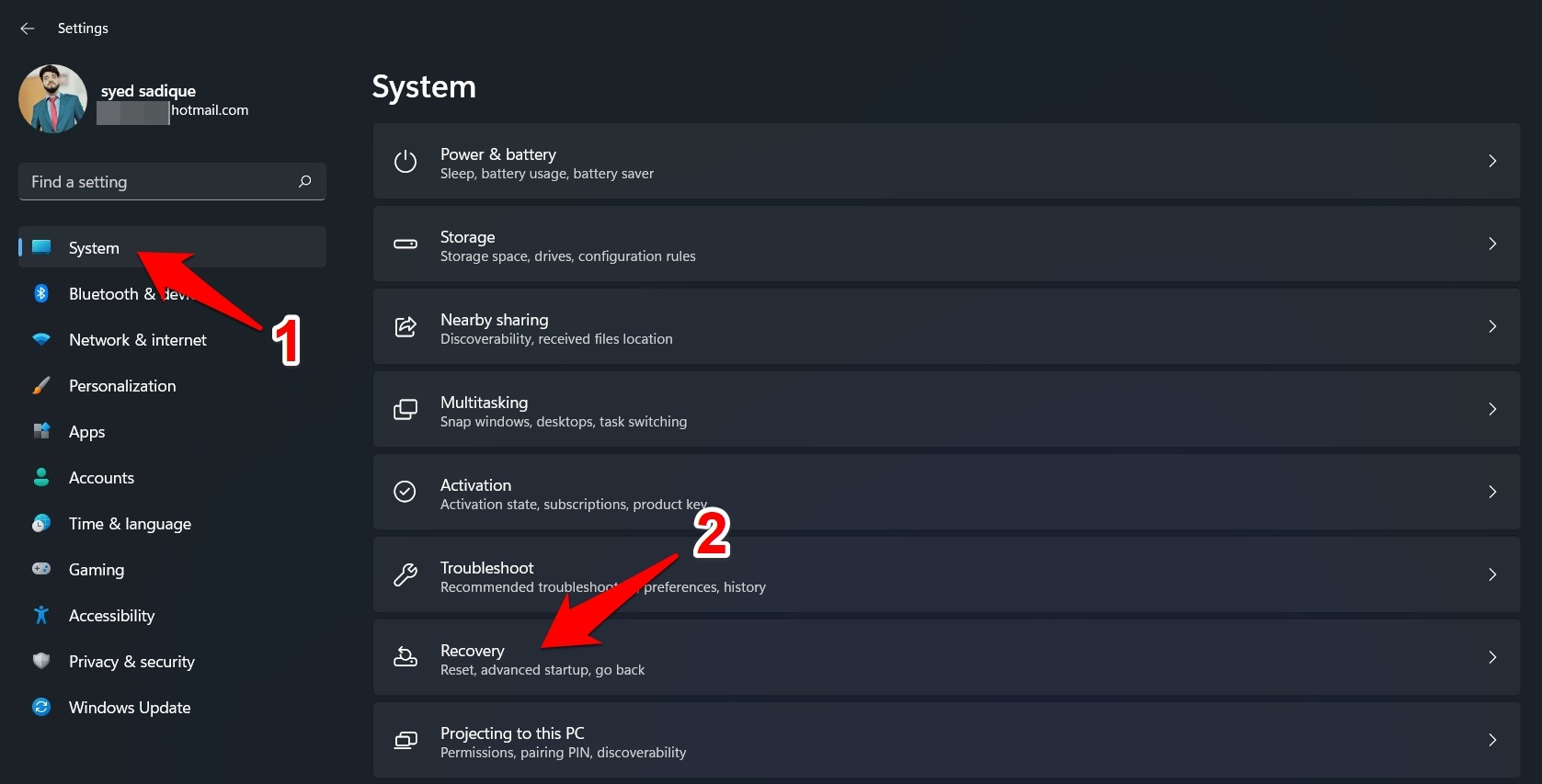 Меню Система в Windows 11
