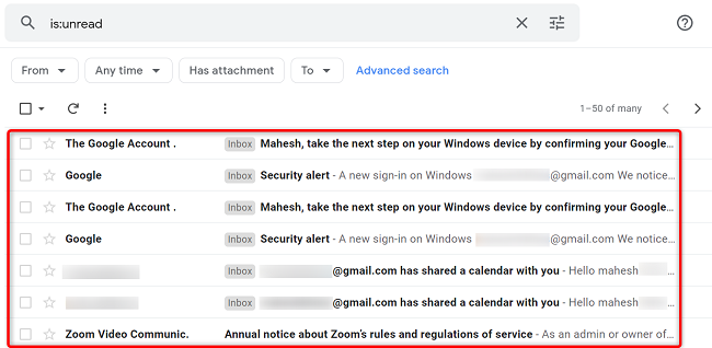Список всех непрочитанных писем в Gmail