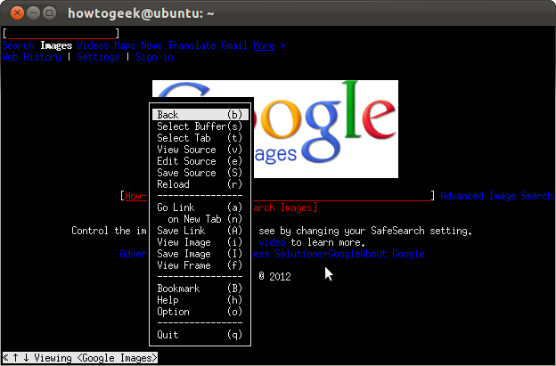 Пример контекстного меню W3M, которое не работает во всех терминалах