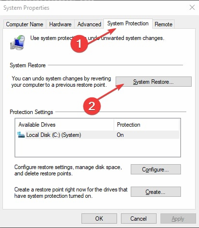 Выбор точки восстановления