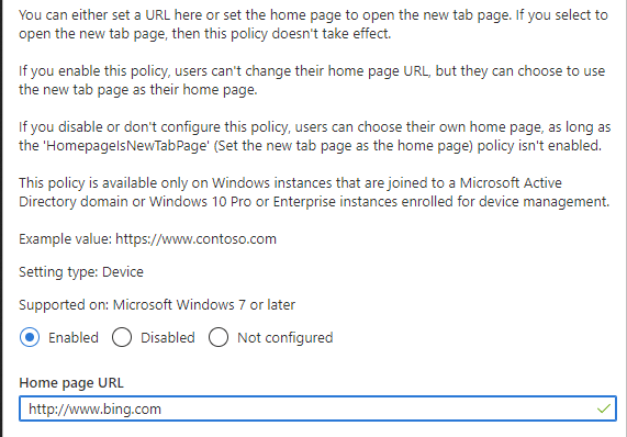 Страница настройки параметра Edge в Intune