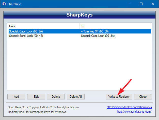 Кнопка Write to Registry для записи изменений в реестр.