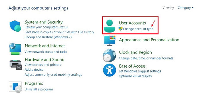 Раздел «Учётные записи пользователей» в Панели управления