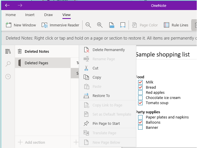 Список удалённых заметок в OneNote