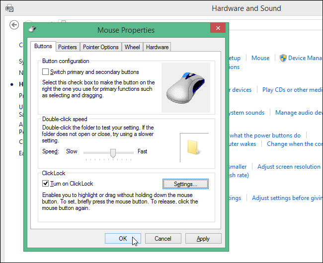 Закрытие окна свойств мыши после сохранения