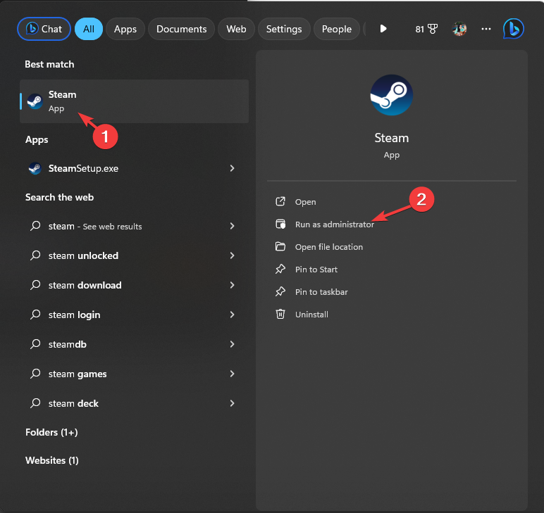 Открытое приложение Steam — поиск