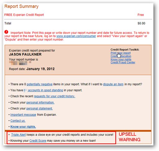 Пример предложения платных услуг на странице отчёта Experian