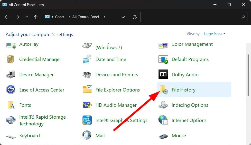 Окно File History в Панели управления