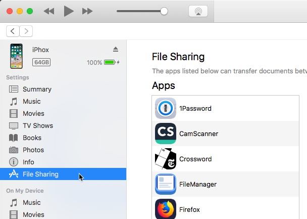 Раздел «Общий доступ файлов» в iTunes/Finder для управления файлами приложений