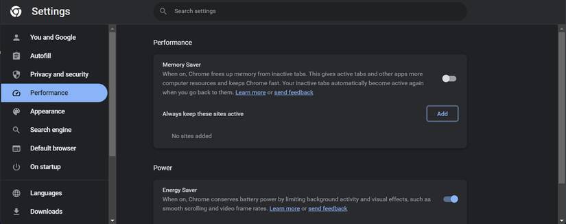 Параметр Memory Saver в Google Chrome.