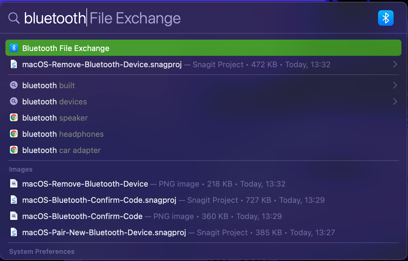 macOS Search Bluetooth File Exchange