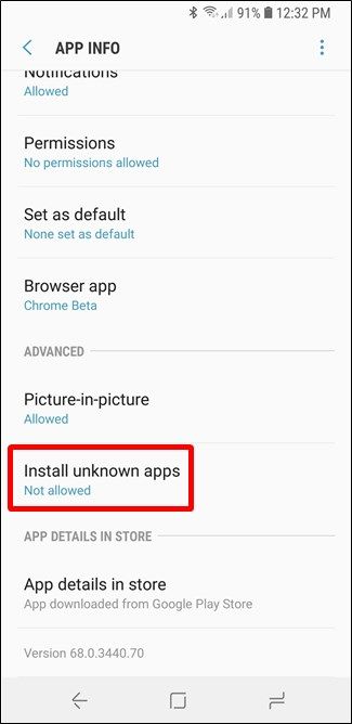 Экран настроек установки неизвестных приложений на Android Oreo