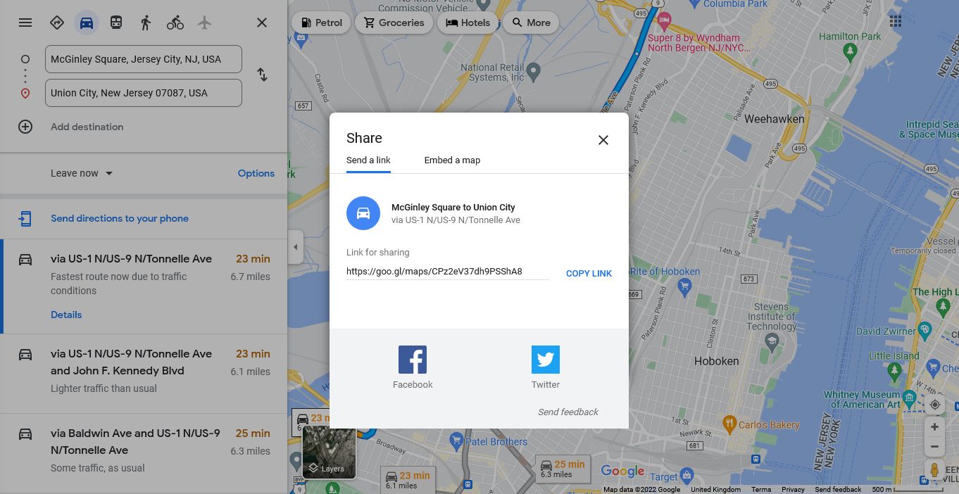 Поделиться маршрутом на Google Maps на компьютере