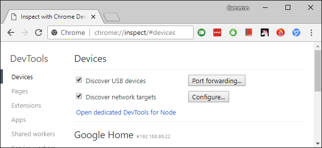Страница chrome://inspect с подключением к отладочным целям