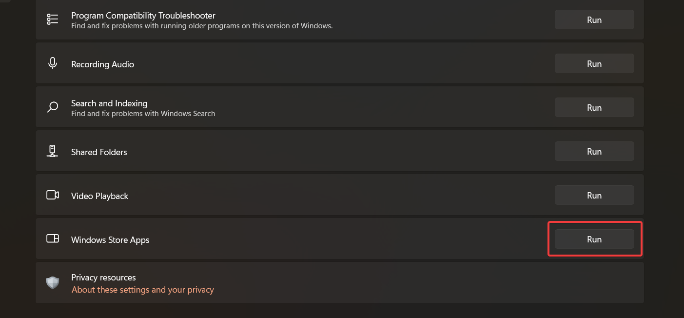 Esecuzione del risolutore per le app di Windows Store