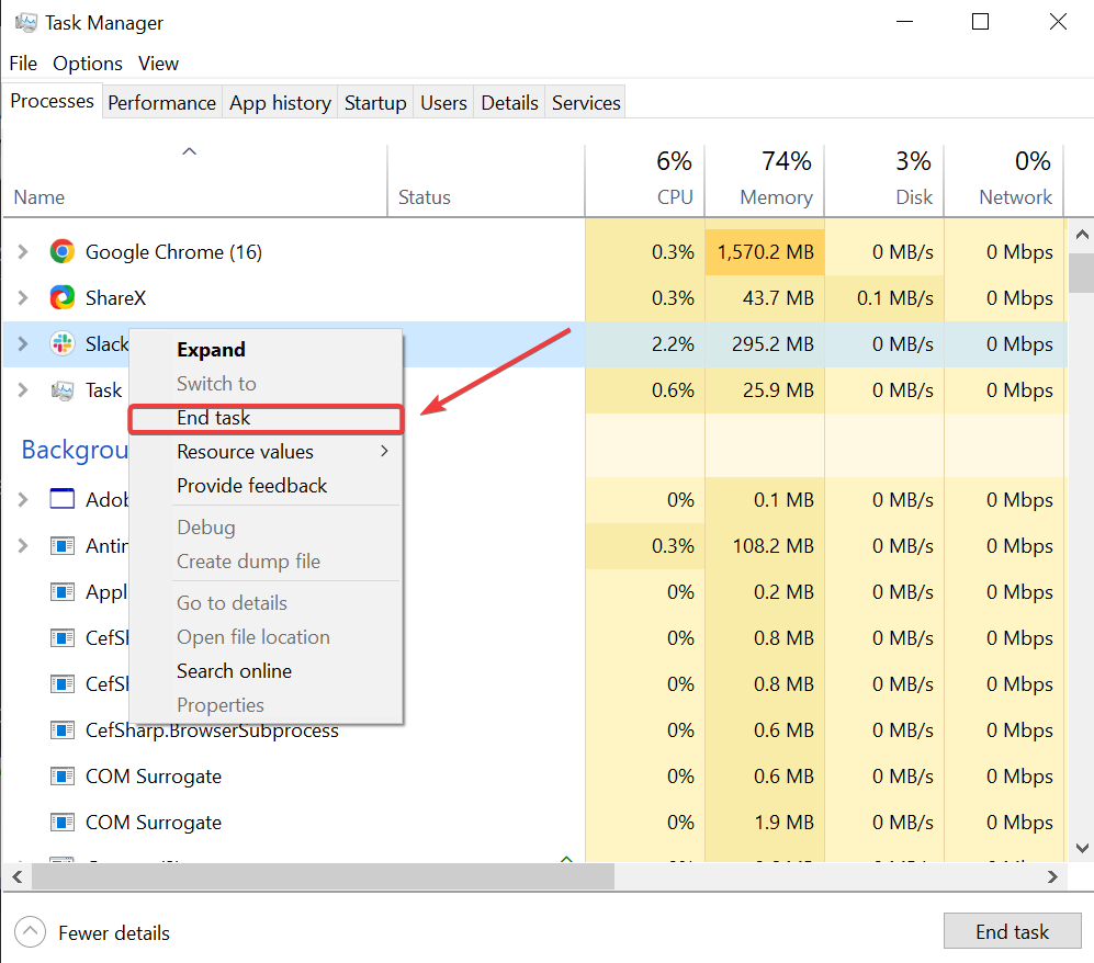 Выбор Завершить задачу в Диспетчере
