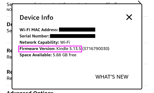 Поле с версией прошивки Kindle
