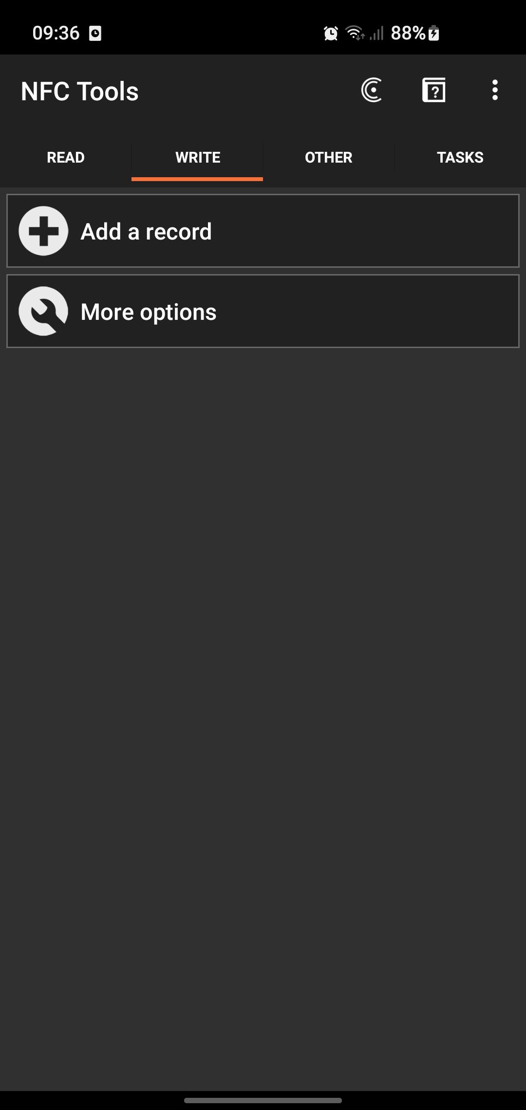 Скриншот вкладки записи в приложении NFC Tools
