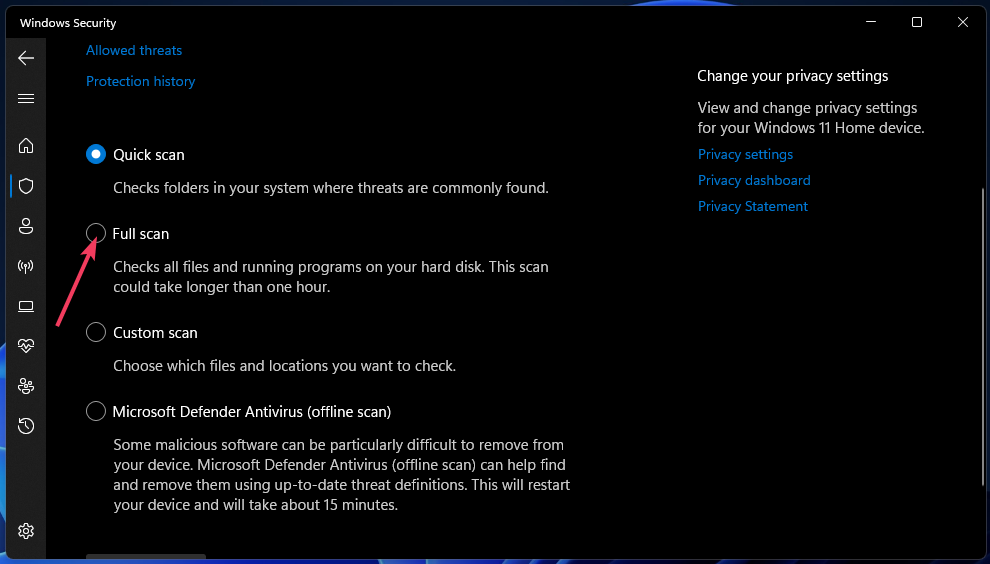 Параметр 'Полное сканирование' в параметрах сканирования Защитника Windows