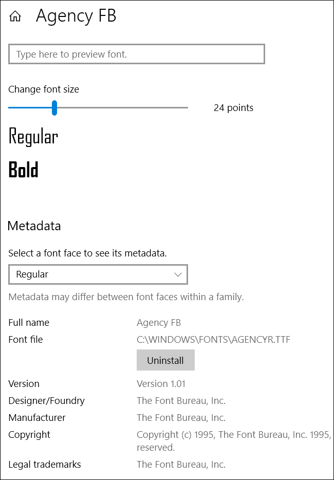 Страница деталей шрифта с образцами начертаний