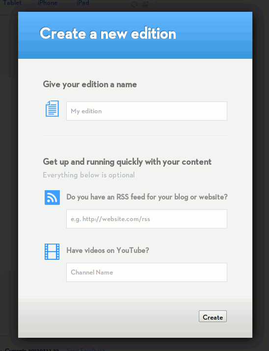 Форма создания нового издания в Google Currents Producer