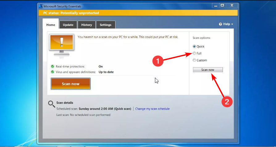 Запуск полного сканирования Microsoft Security Essentials