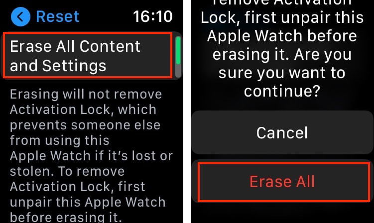 Изображение: Экран Apple Watch с опциями стирания данных и сохранения тарифа