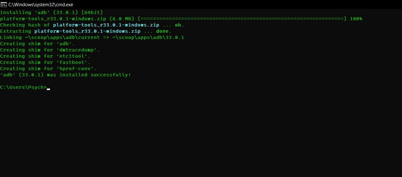 Установка ADB с помощью scoop.