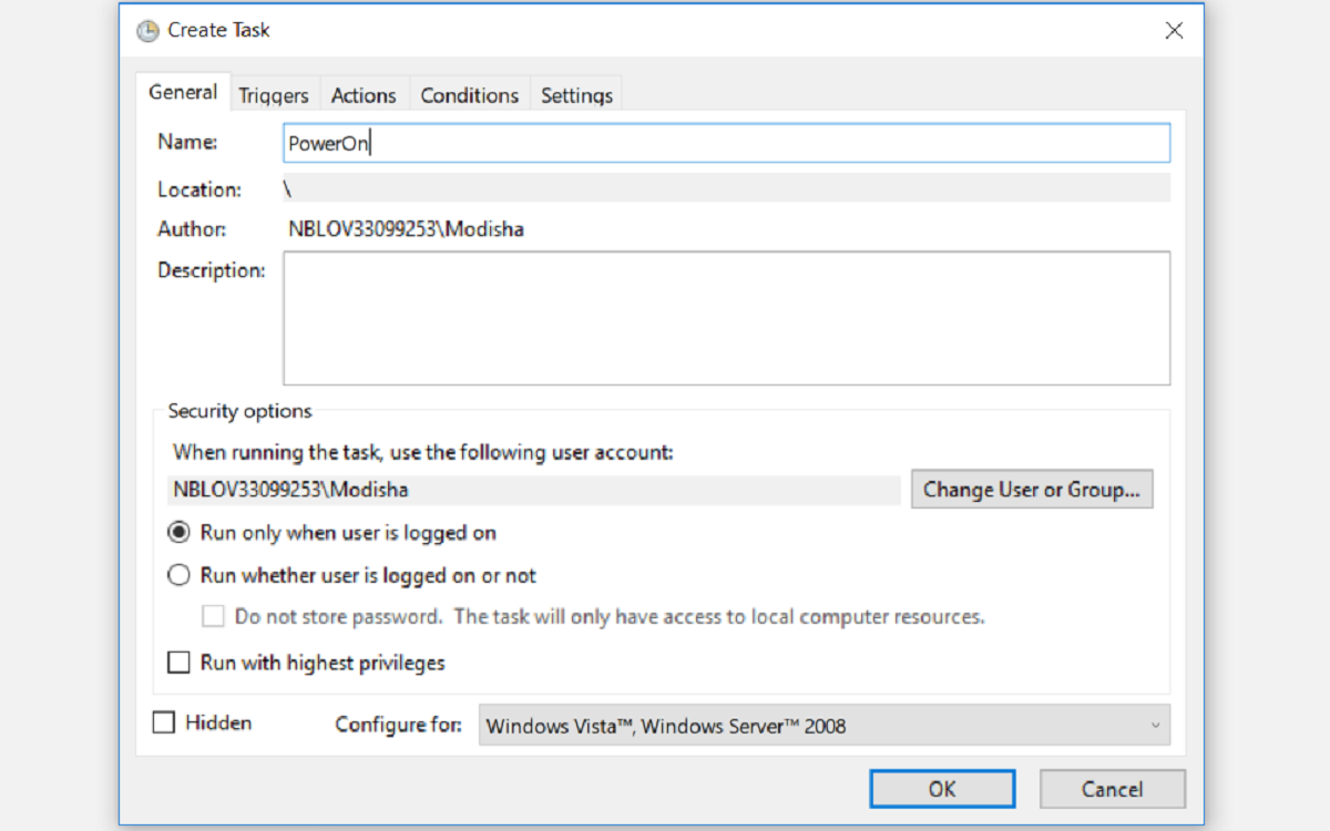 Окно создания задачи: общие параметры и права