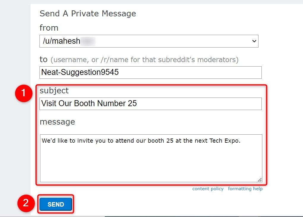 Поле сообщения и кнопка 'Send' выделены в веб-версии Reddit.