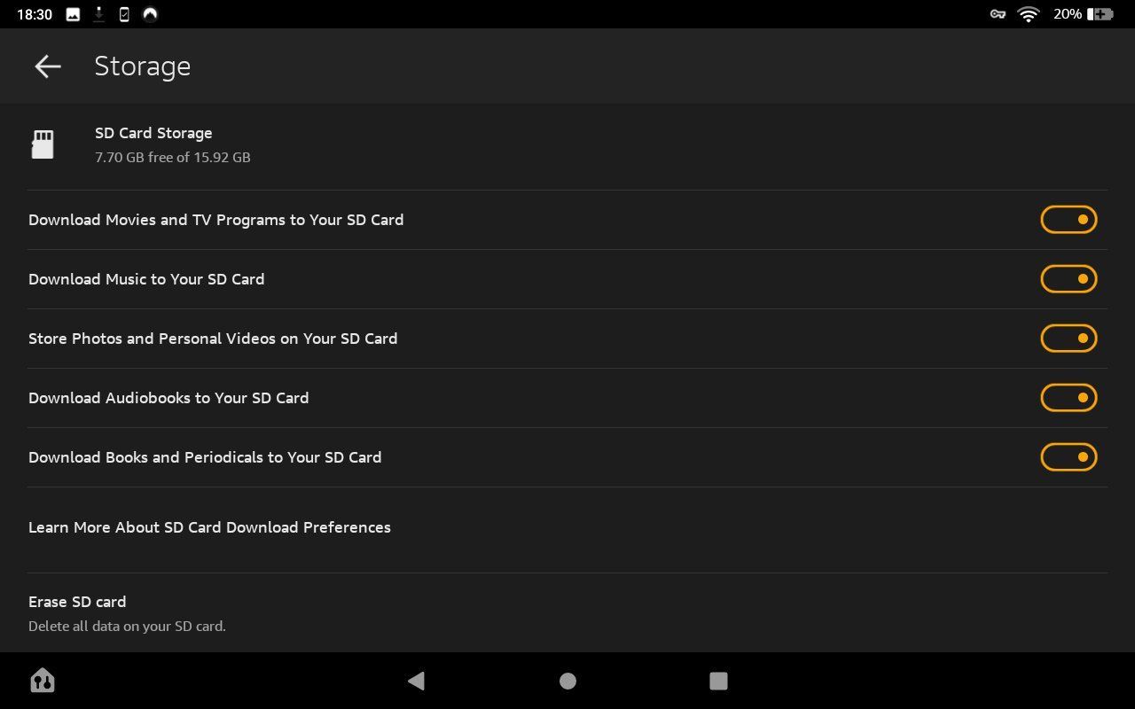 Amazon Fire SD Card Storage Settings
