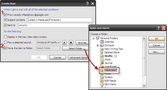Окно 'Создать правило' с условиями и выбором папки
