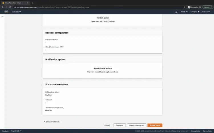 Обзор конфигурации стека и кнопка Create stack