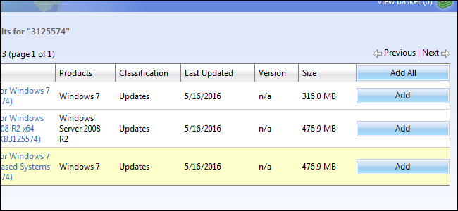 Добавление обновлений в корзину Microsoft Update Catalog