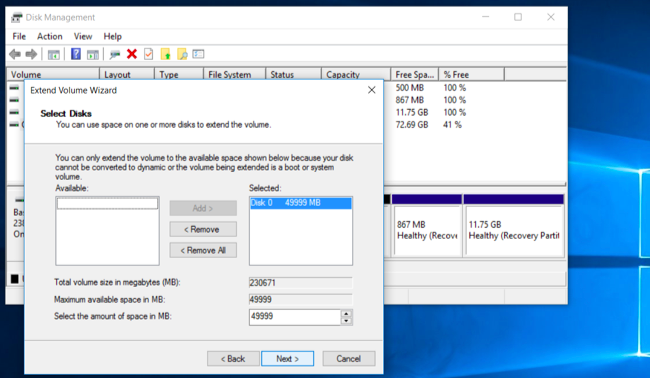 Мастер расширения тома показывает доступное пространство для добавления