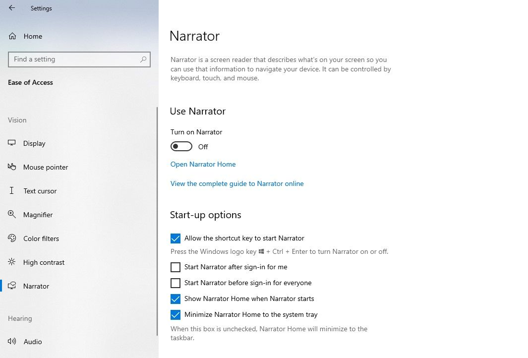 настройки специальных возможностей для зрения в Windows