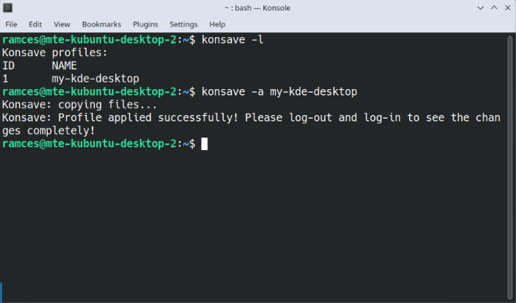 Процесс импорта и применения Konsave в терминале.
