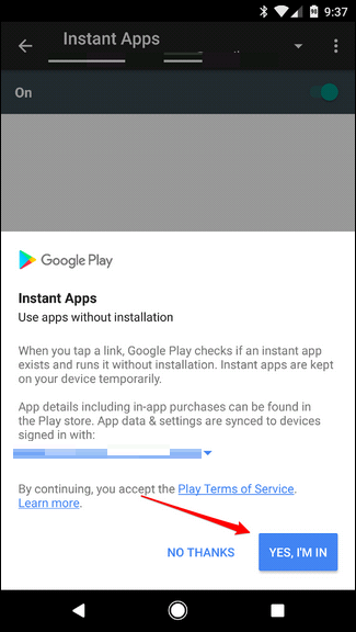 Экран настройки Instant Apps — включено