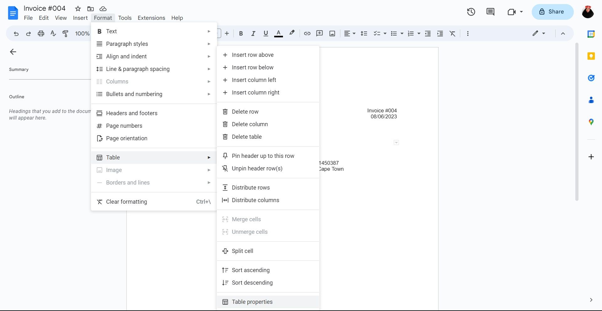 Параметры таблицы в меню Формат