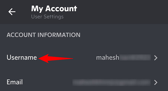 Опция «Имя пользователя» в мобильных настройках.
