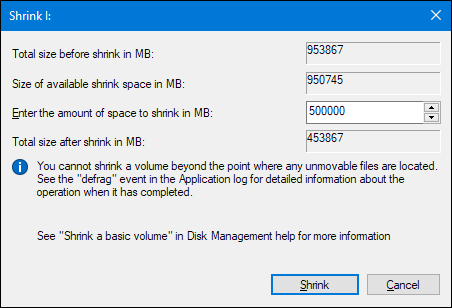 Параметры уменьшения тома и доступное свободное место