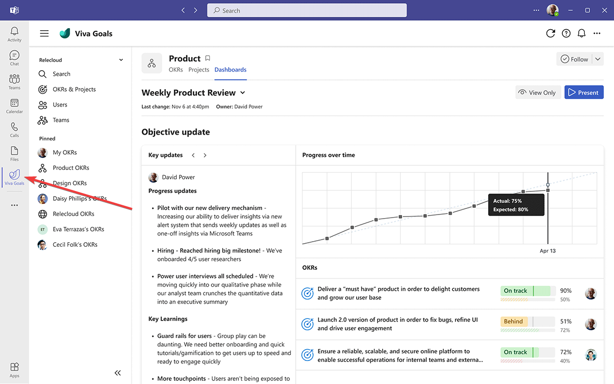 Интерфейс Goals внутри Microsoft Teams